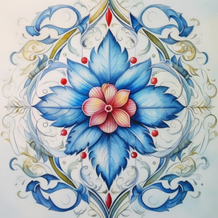Close up view of beautiful blue flower pattern on the white wall, glazed tile pattern with classic ornament, khohloma, gzhel, folkの素材