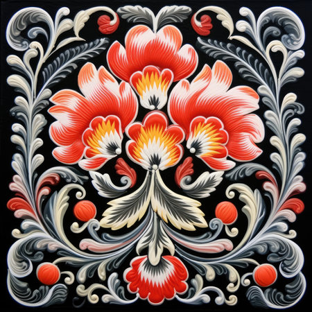 floral pattern on a black background in the style of Ukrainian embroidery, glazed tile pattern with classic ornament, khohloma, gzhel, folkの素材