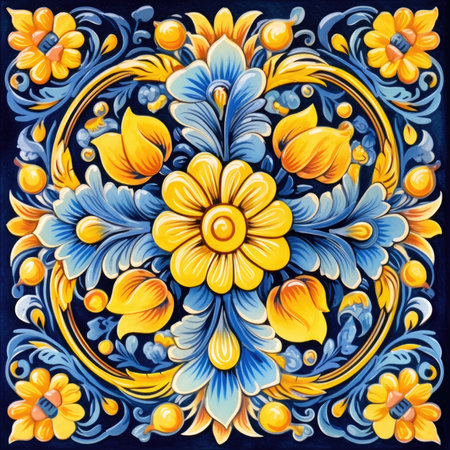 Vintage floral ornament in Ukrainian folk style. Colorful vector illustration, glazed tile pattern with classic ornament, khohloma, gzhel, folkの素材