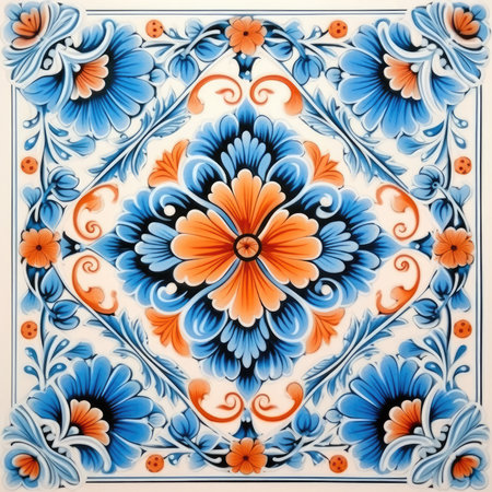 Vintage ceramic tile with floral ornament, blue and orange colors, glazed tile pattern with classic ornament, khohloma, gzhel, folkの素材
