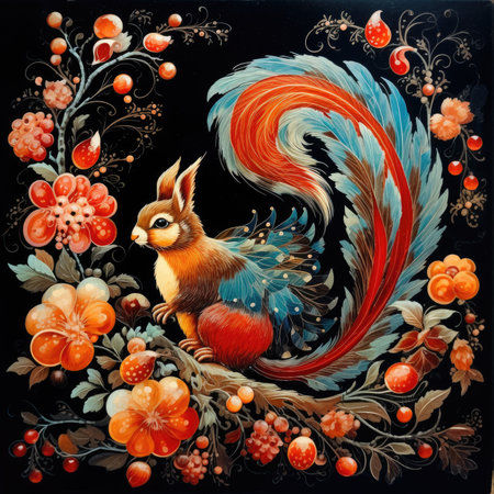 Embroidery painting of a squirrel in the style of Russian folk art, glazed tile pattern with classic ornament, khohloma, gzhel, folkの素材