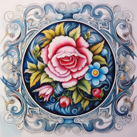 Beautiful floral pattern on a ceramic plate, closeup of photo, glazed tile pattern with classic ornamentの素材