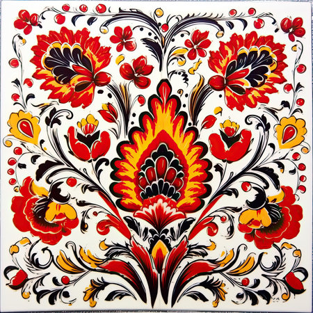 Ukrainian folk art. Ethnic pattern with flowers and leaves, glazed tile pattern with classic ornamentの素材