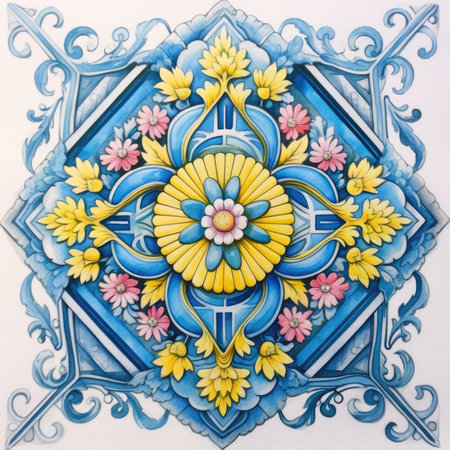 Detail of a Portuguese glazed tile in the portuguese azulejo, glazed tile pattern with classic ornamentの素材