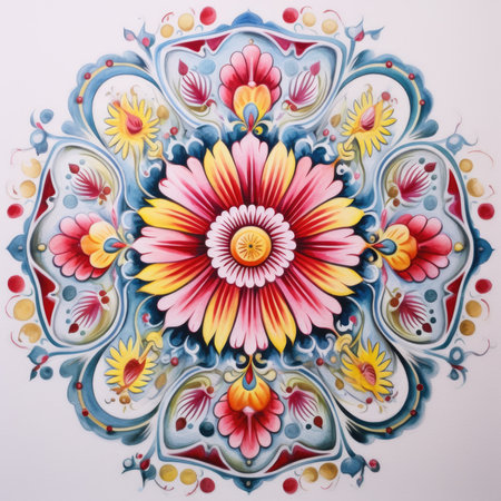 Colorful ceramic pattern on the wall in the form of a circle, glazed tile pattern with classic ornamentの素材