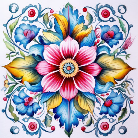Colorful floral pattern on white background. Hand-drawn illustration, glazed tile pattern with classic ornamentの素材