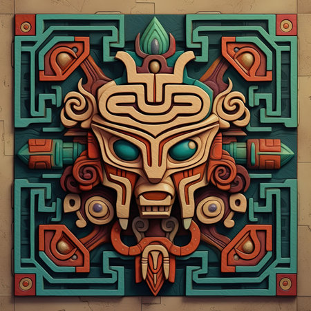 Colorful tribal mask on the wooden background. 3d illustration, ancient ornament pattern, aztec incas maya ornament on gold metal, handmadeの素材