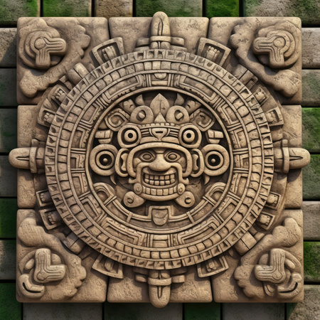 Mayan pattern on the stone wall. 3d rendering. Computer digital drawing, ancient ornament pattern, aztec incas maya ornament on gold metal, handmadeの素材