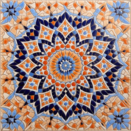 Ceramic tile pattern in the form of a mandala, ancient ornament pattern, handmadeの素材