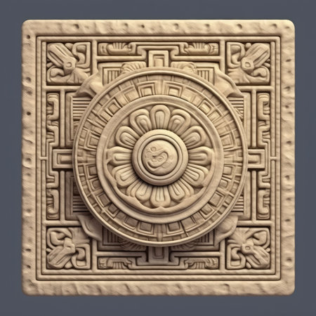 3d rendering of a terracotta stone carving on a gray background, ancient ornament pattern, aztec incas maya ornament on gold metal, handmadeの素材