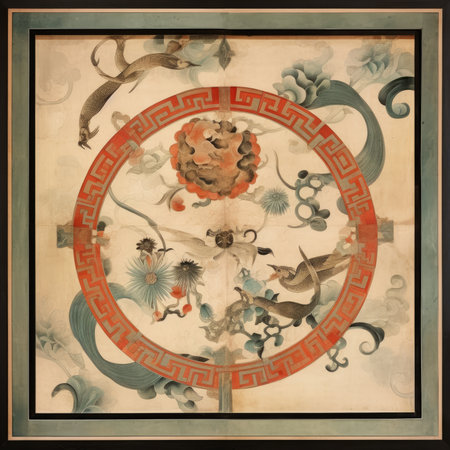 Vintage Chinese calligraphy on old paper with decorative elements, ancient ornament pattern, handmadeの素材