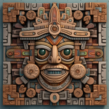 Tribal mask on a wooden background. 3D rendering., ancient ornament pattern, aztec incas maya ornament on gold metal, handmadeの素材