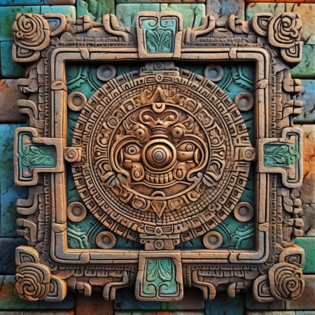 3D rendering of the ancient Chinese ornament on the stone wall, ancient ornament pattern, aztec incas maya ornament on gold metal, handmadeの素材