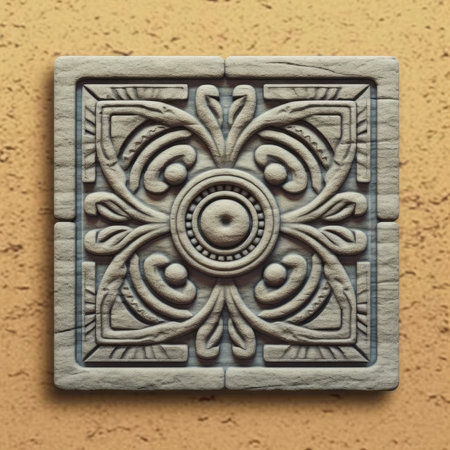 Vintage decorative element on the wall of the house, close-up, ancient ornament pattern, aztec incas maya ornament on gold metal, handmadeの素材