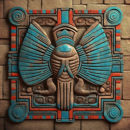 Egyptian hieroglyphs on stone wall. 3d rendering, ancient ornament pattern, aztec incas maya ornament on gold metal, handmadeの素材