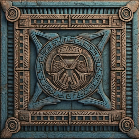 3D rendering of metal plate with ornament pattern on blue background, ancient ornament pattern, aztec incas maya ornament on gold metal, handmadeの素材