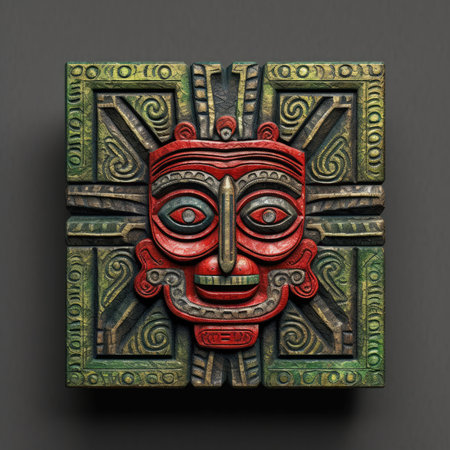 Tiki mask on the wall. 3d rendering. Computer digital drawing, ancient ornament pattern, african ornament on wood and metal, handmadeの素材