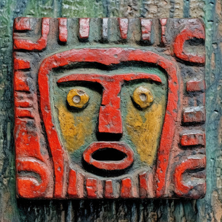 The face of the ancient Mayan mask on the wooden door, ancient ornament pattern, african ornament on wood and metal, handmadeの素材