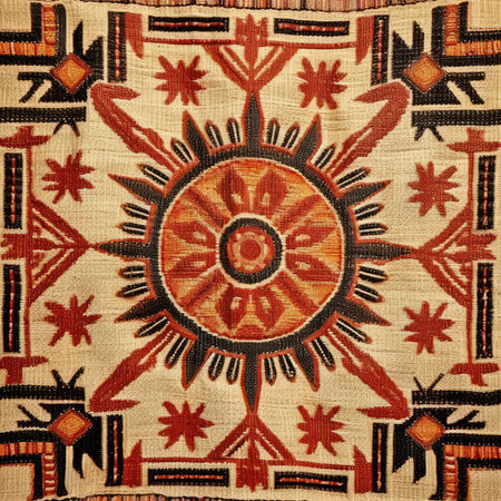 Texture, background, pattern. Fabric is woven in the form of a circle, ancient ornament pattern, handmade, embroidered on fabricの素材