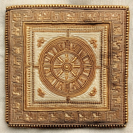 Closeup detail of a decorative gold ornament on a white background, ancient ornament pattern, handmade, embroidered on fabricの素材