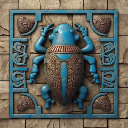 Mosaic in the form of a frog on a stone wall, ancient ornament pattern, egipet ornament on stone, handmadeの素材