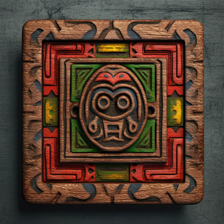 tribal ornament on a wooden background. 3d illustration, ancient ornament pattern, african ornament on wood and metal, handmadeの素材