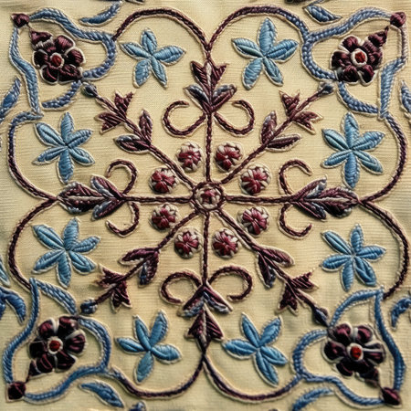 Detail of a traditional Romanian folk embroidery on a fabric, ancient ornament pattern, handmade, embroidered on fabricの素材