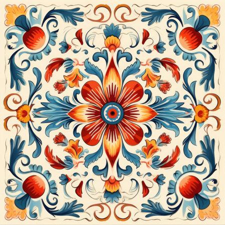 Ceramic tile pattern in ethnic style. Ornate floral ornament, ancient ornament pattern, handmadeの素材