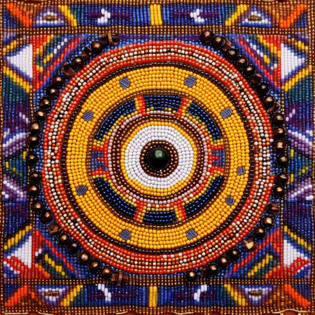 Colorful embroidery in the form of a circle with beads, ancient ornament pattern, handmade, embroidered on fabricの素材