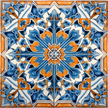 Detail of the portuguese azulejo ceramic tiles, ancient ornament pattern, handmadeの素材