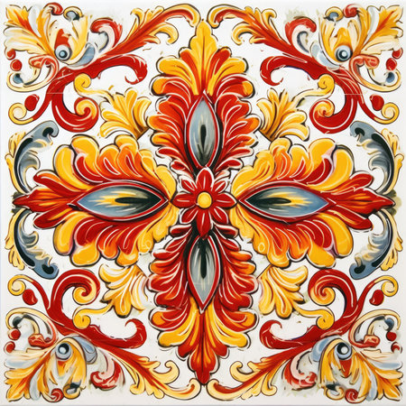 abstract floral pattern in red, orange and yellow colors on a white background, ancient ornament pattern, handmadeの素材