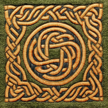 Celtic knot on a green background. 3D illustration, ancient ornament pattern, handmade, embroidered on fabricの素材