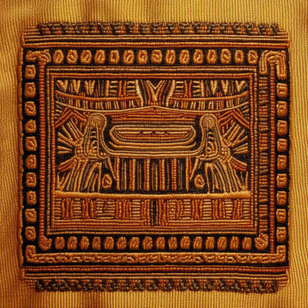 The texture of the embroidery on the fabric is brown, ancient ornament pattern, handmade, embroidered on fabricの素材