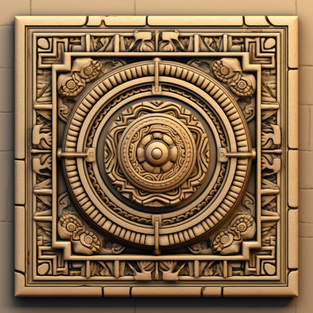 3d rendering of metal plate with ornament on wood wall in brown, ancient ornament pattern, aztec incas maya ornament on gold metal, handmadeの素材