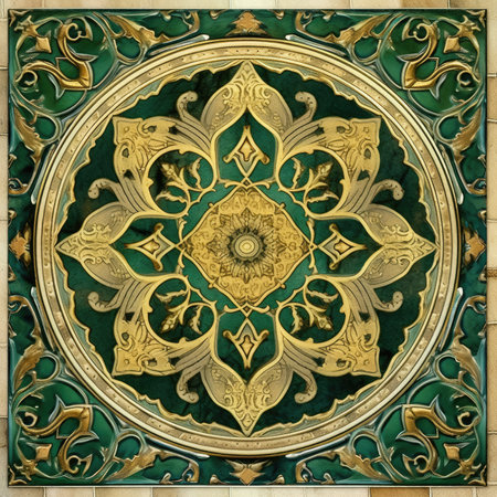 Decorative element in the form of a circle with a gold pattern, ancient ornament pattern, handmadeの素材
