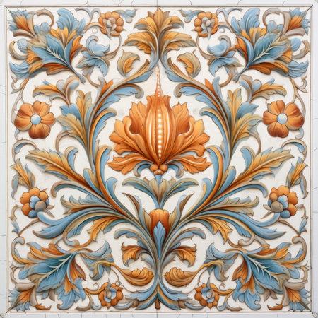 Ceramic tile pattern in the form of a flower on the wall, african ornament on wood and metal, handmade glaze tileの素材