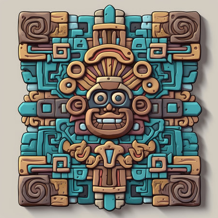 Vector hand drawn illustration of tribal mask. Colorful detailed, with lots of objects backgroundの素材