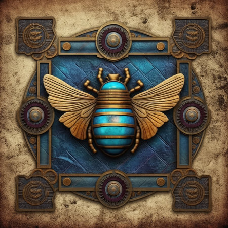 Grunge blue background with bee and gear. 3d rendering, ancient ornament pattern, egypet ornament on stone, handmadeの素材