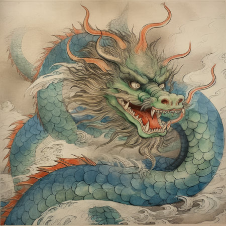 Chinese dragon. Illustration of a dragon with a dragon head, ancient ornament pattern, handmadeの素材