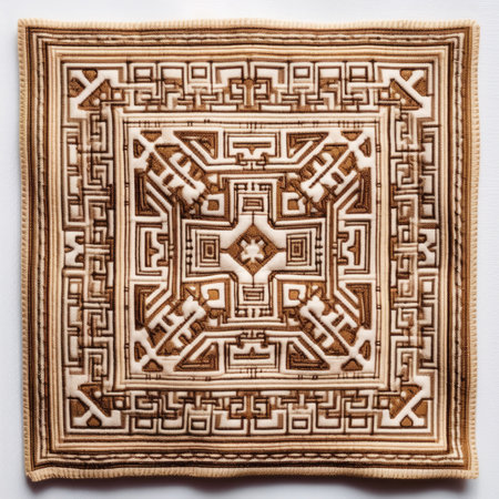 Ceramic tile in the form of a cross on a white background, ancient ornament pattern, handmade, embroidered on fabricの素材
