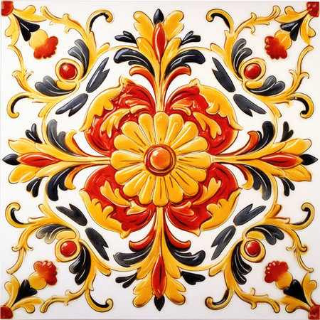 Beautiful ornamental pattern on the wall in the form of a flower, african ornament on wood and metal, handmade glaze tileの素材