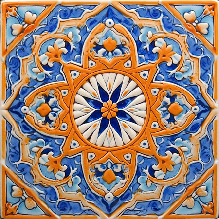Detail of a typical portuguese azulejo ceramic tile, african ornament on wood and metal, handmade glaze tileの素材