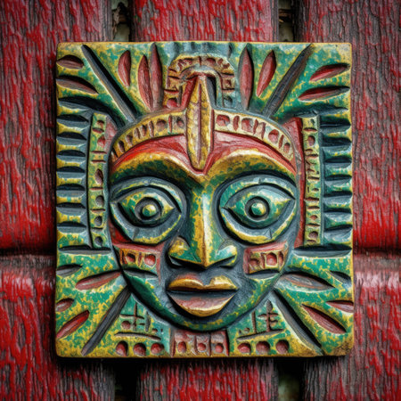 Ancient Mayan mask on the door of a temple in Mexico, ancient ornament pattern, african ornament on wood and metal, handmadeの素材