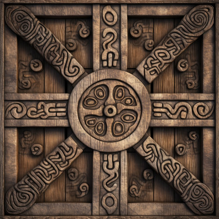 3d illustration of a wooden door with a pattern and a decorative element, ancient ornament pattern, celtic knots ornament on wood and metal, handmadeの素材