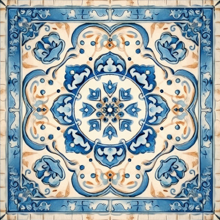 Detail of Portuguese glazed tiles. Blue and white colors, ancient ornament pattern, handmadeの素材