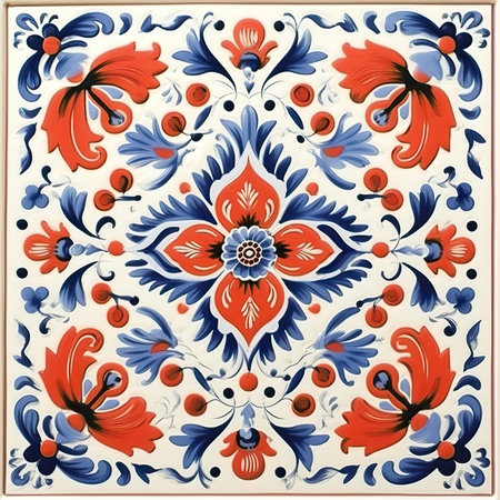 Portuguese azulejo tiles in blue and red colors, ancient ornament pattern, handmadeの素材