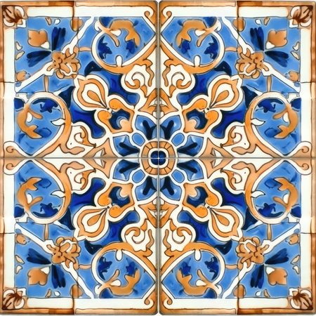 Azulejos portuguese glazed tiles close up, ancient ornament pattern, handmadeの素材