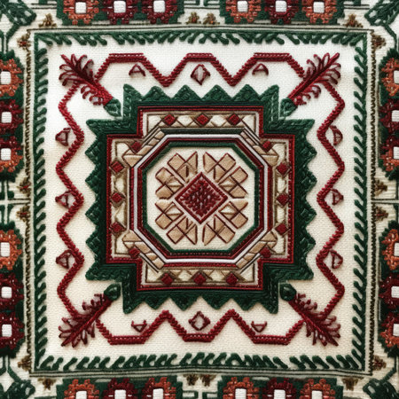 Colorful Turkish carpet with embroidery, closeup of photo, ancient ornament pattern, handmade, embroidered on fabricの素材