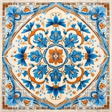 Portuguese azulejo tiles. Portuguese tiles azulejo, ancient ornament pattern, handmadeの素材