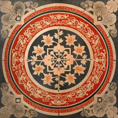 Vintage floral pattern on old paper texture. Grunge background, ancient ornament pattern, handmade, embroidered on fabricの素材